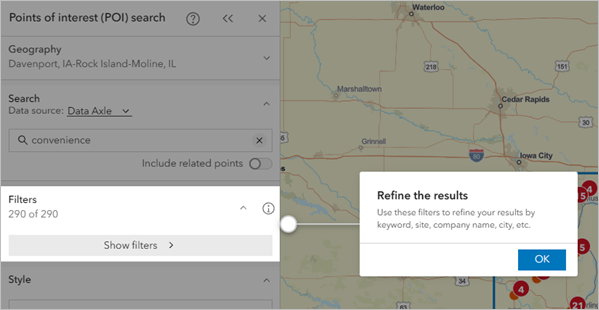 Refine the results window showing the Filters section