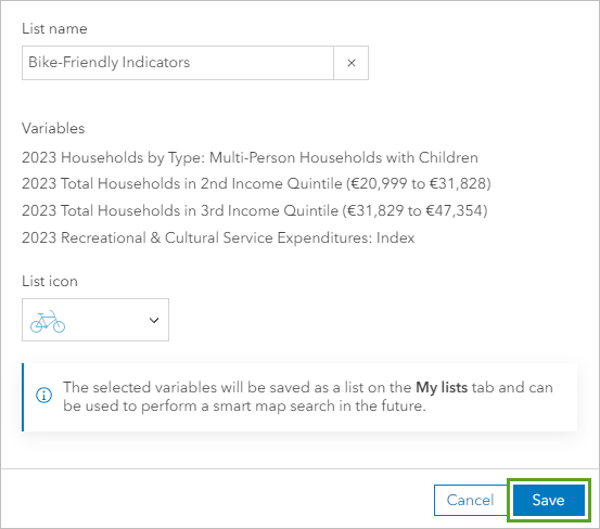 Save button in the Save variable list window