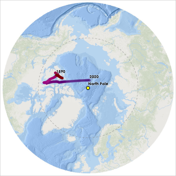 Circular map with the Arctic Ocean basemap
