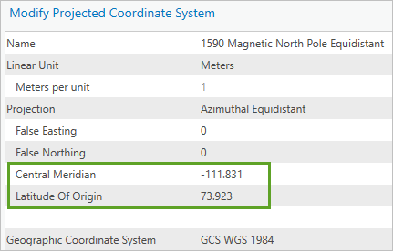 Modify Projected Coordinate System window with some modified values