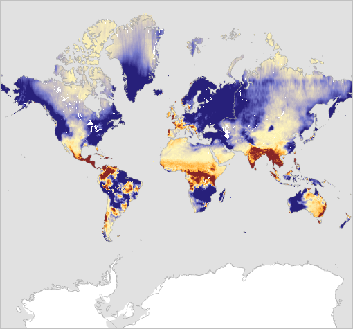Global precipitation data displayed in the Web Mercator projection
