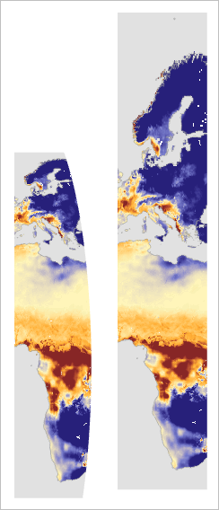 Comparison of Africa and Europe in the Equal Earth and Web Mercator projections