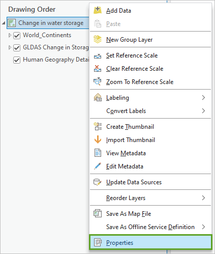 Properties option in the map's context menu