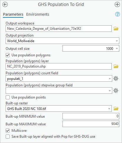 Parameters for the GHS Population To Grid tool