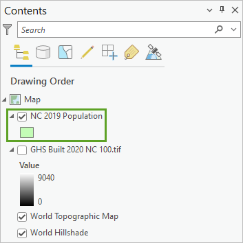 The NC 2019 Population layer in the Contents pane