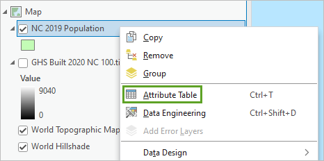 Attribute Table option for the NC 2019 Population layer