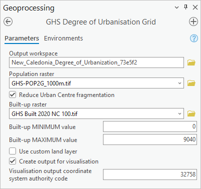 GHS Degree of Urbanisation Grid tool parameters