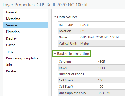 The Raster Information section in the Layer Properties window