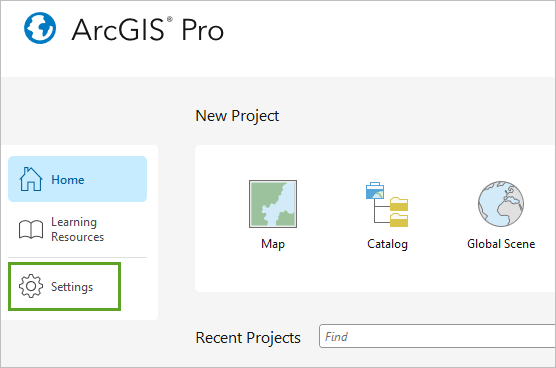 On the start page of ArcGIS Pro, click Settings.