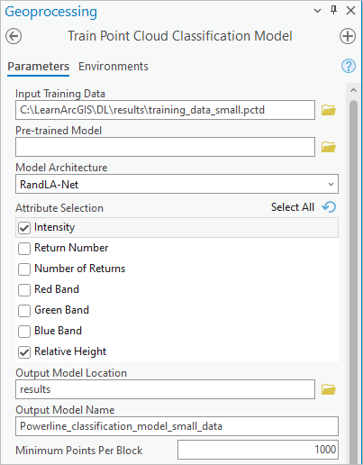 Train Point Could Classification Model parameters