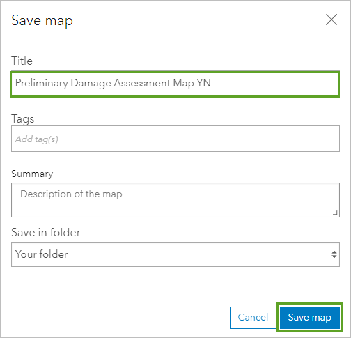 Title entered on the Save map window