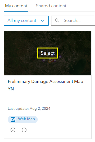 Select button for your Preliminary Damage Assessment web map