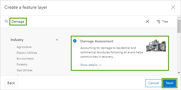 Damage Assessment template in the Create a feature layer window