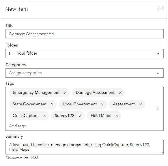 Parameters entered in the New item window.