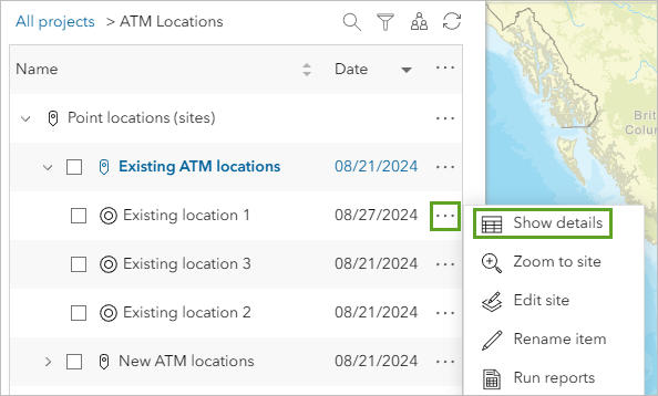 Show details option for Existing location 1