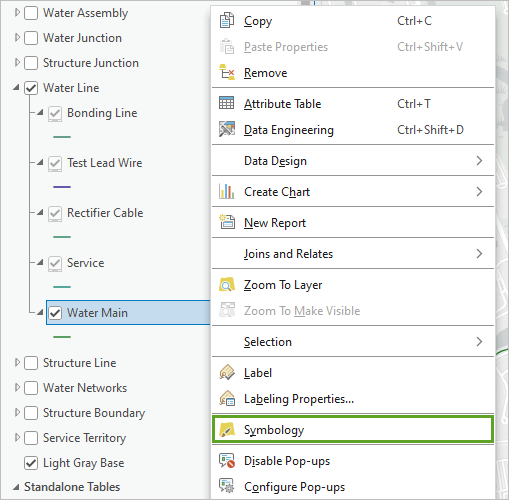 Symbology option on the Water Main layer's context menu