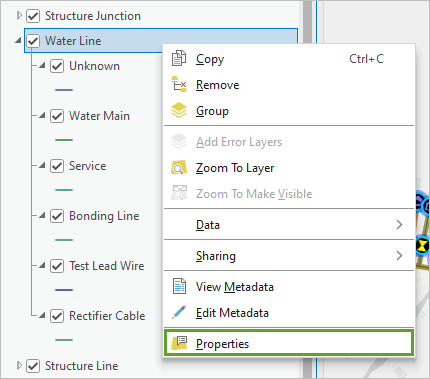 Properties option on the Water Line layer's context menu