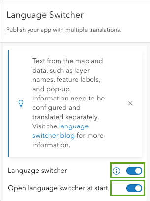 Language Switcher in menu and buttons indicating it's turned on along with being open at start
