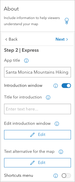 About pane includes tools to change the app name, the introduction text, and other options.