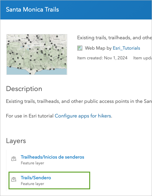 Trails/Sendero layer on map item page