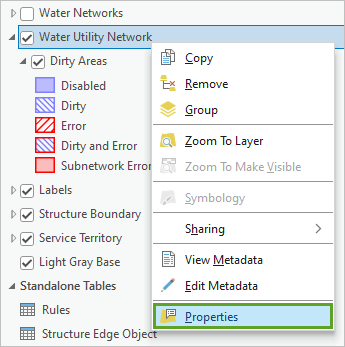 Properties in the Water Utility Network context menu