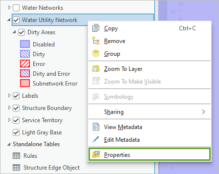 Properties in the Water Utility Network context menu