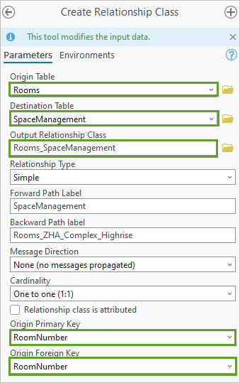 Parameters entered in the Create Relationship Class tool pane