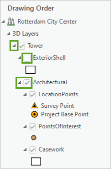 Tower and Architectural group layers expanded with the ExteriorShell layer turned off and the Architectural group layer checked