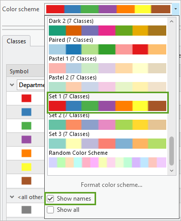 Show names checked and the Set 1 (7 Classes) for the Color scheme
