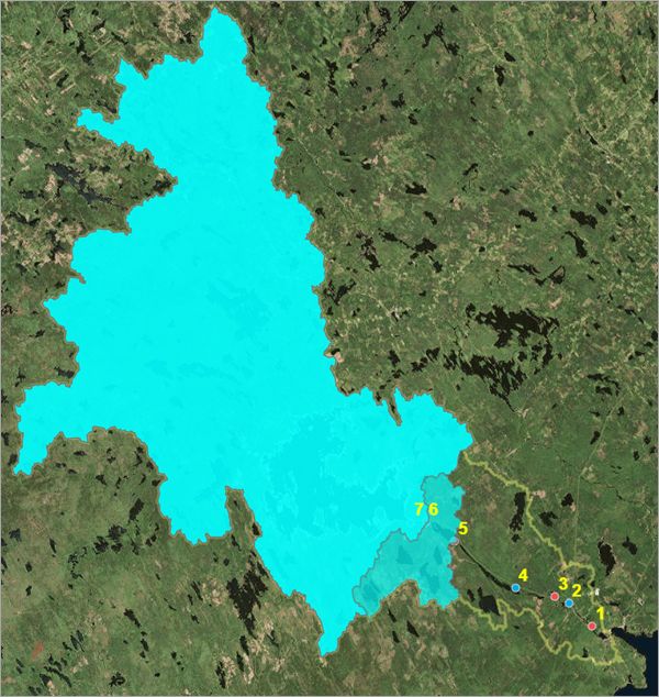 Watershed layers for Dam 5 and Dam 6 on the map