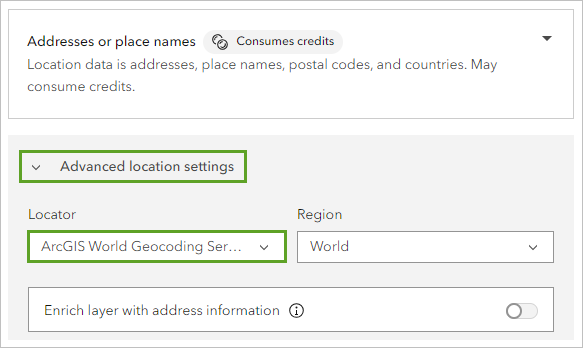 Locator set to ArcGIS World Geocoding Service under the Advanced location setting section