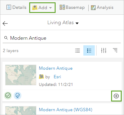 Modern Antique vector tile layer in the Living Atlas search results