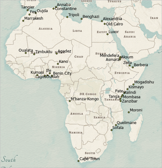 Map of Africa with geocoded and labeled cities