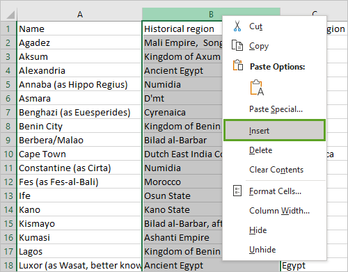 Insert option in the column context menu