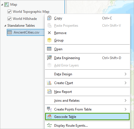 Geocode Table option in the Standalone Tables context menu