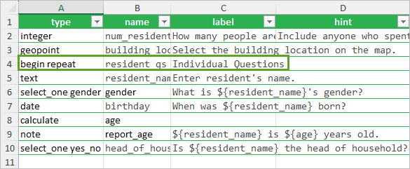 Begin repeat question added to the form