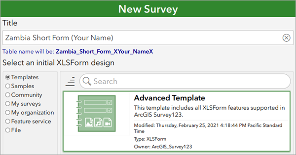 Title and XLSForm design parameters for a new survey