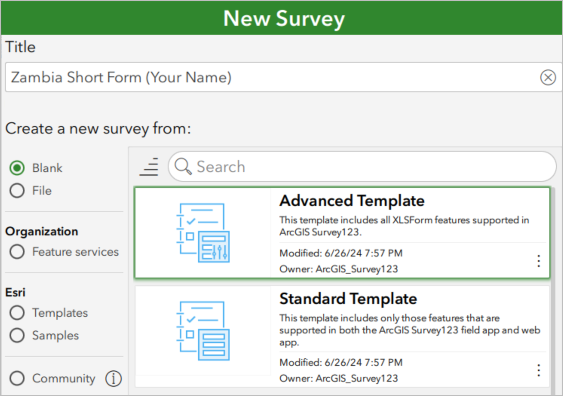 Title and XLSForm design parameters for a new survey