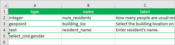 Type column set to select_one gender