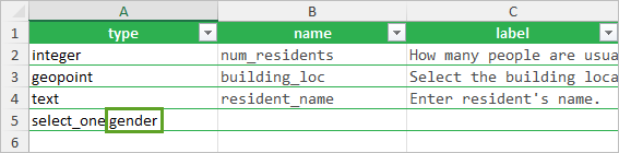 Type column set to select_one gender