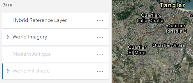 Four basemap layers and map of Alexandria with imagery basemap