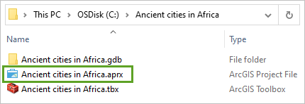 Ancient cities in Africa.aprx file in a file browser window