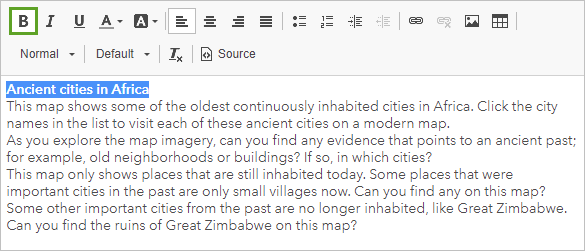 First line of text highlighted and formatted as bold in the text editor.
