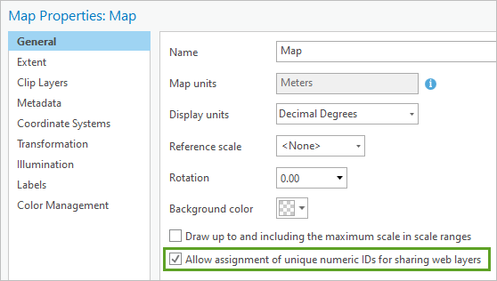 Allow assignment of unique numeric IDs for sharing web layers checked in the Map Properties window