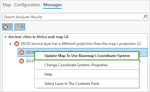Update Map To Use Basemap's Coordinate System in the error message's context menu