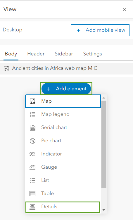 Details in the options for Add element