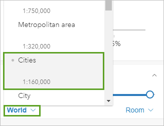 First stop on the Visible range slider set to Cities 1:160,000.