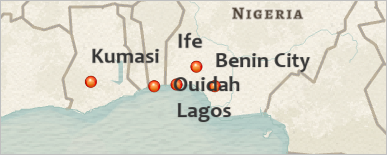 Five cities in western Africa with five labels placed far from the points