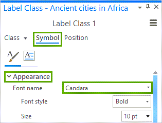 Font name set to Candara on the Symbol tab of the Label Class pane.