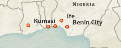 Five cities in western Africa with three labels placed far from the points